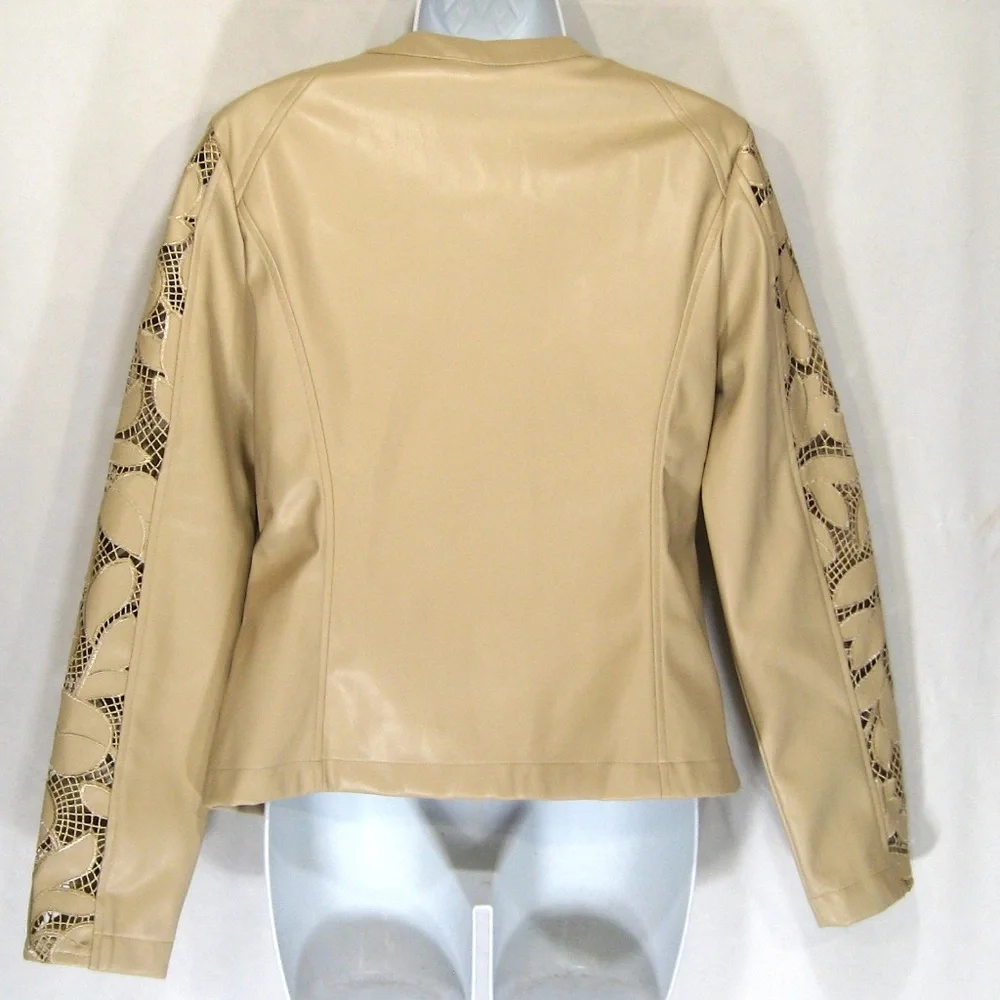 BAGATELLE COLLECTION BEIGE SOFT FAUX LEATHER COMFORT SPRING EMBROIDERY JACKET - Picture 5 of 6